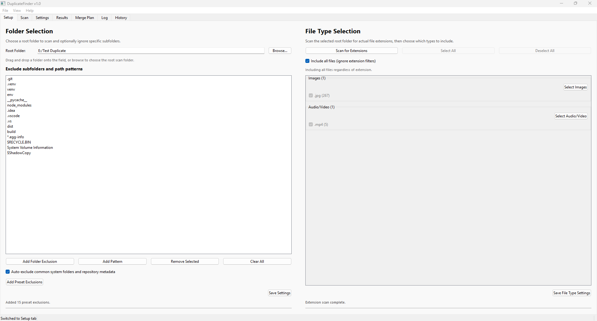 Setup panel showing folder selection and file type checkboxes