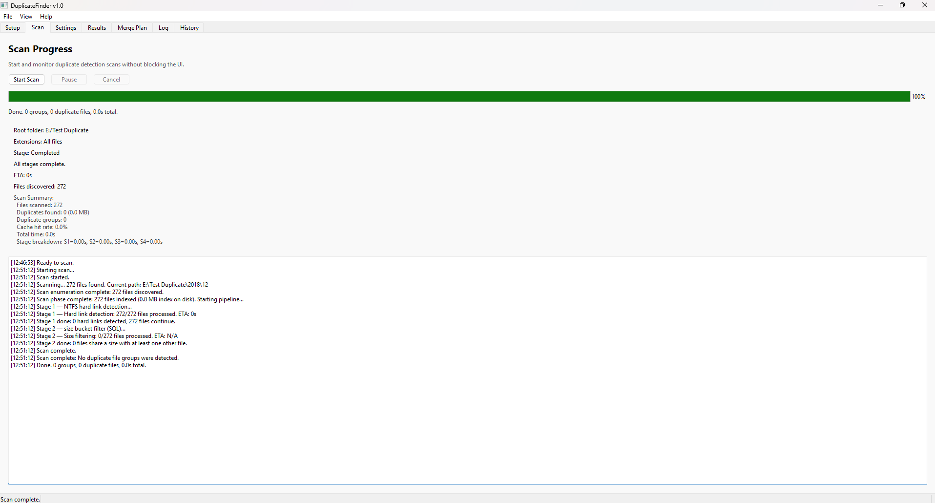 Scan Progress tab showing real-time progress bar, stage breakdown, and live log output