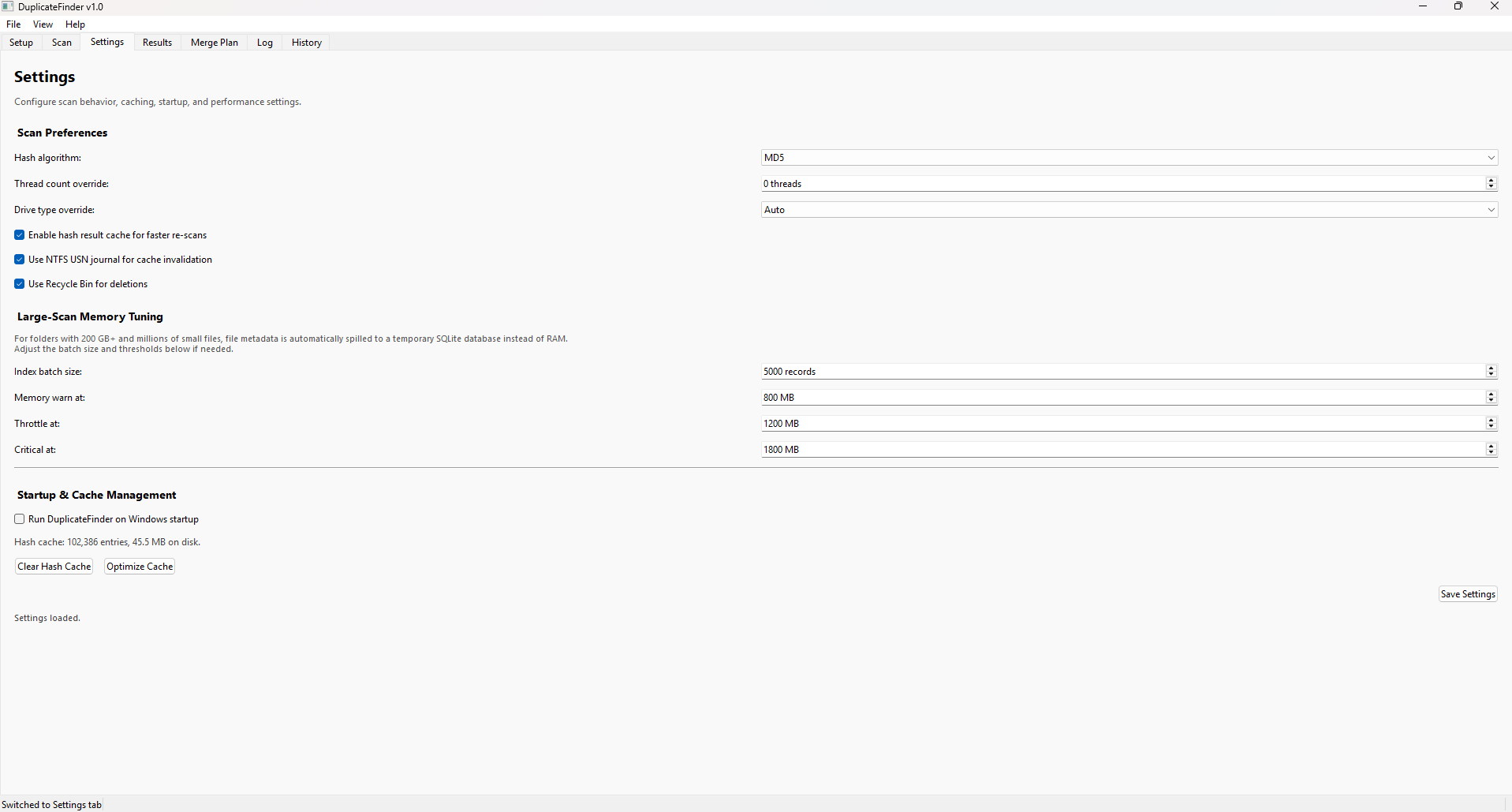 Settings panel showing thread count, memory limit, and hash algorithm options