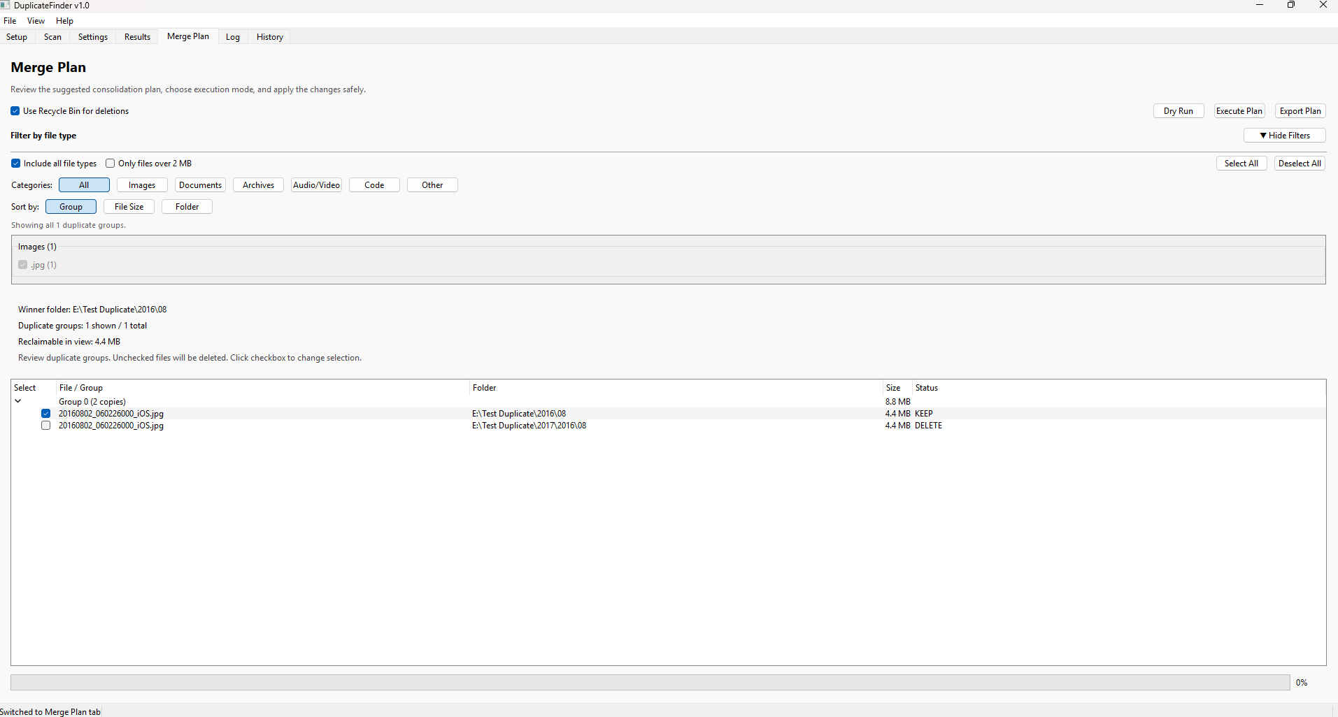Merge Plan with file type filter, KEEP and DELETE selections, and Execute Plan button