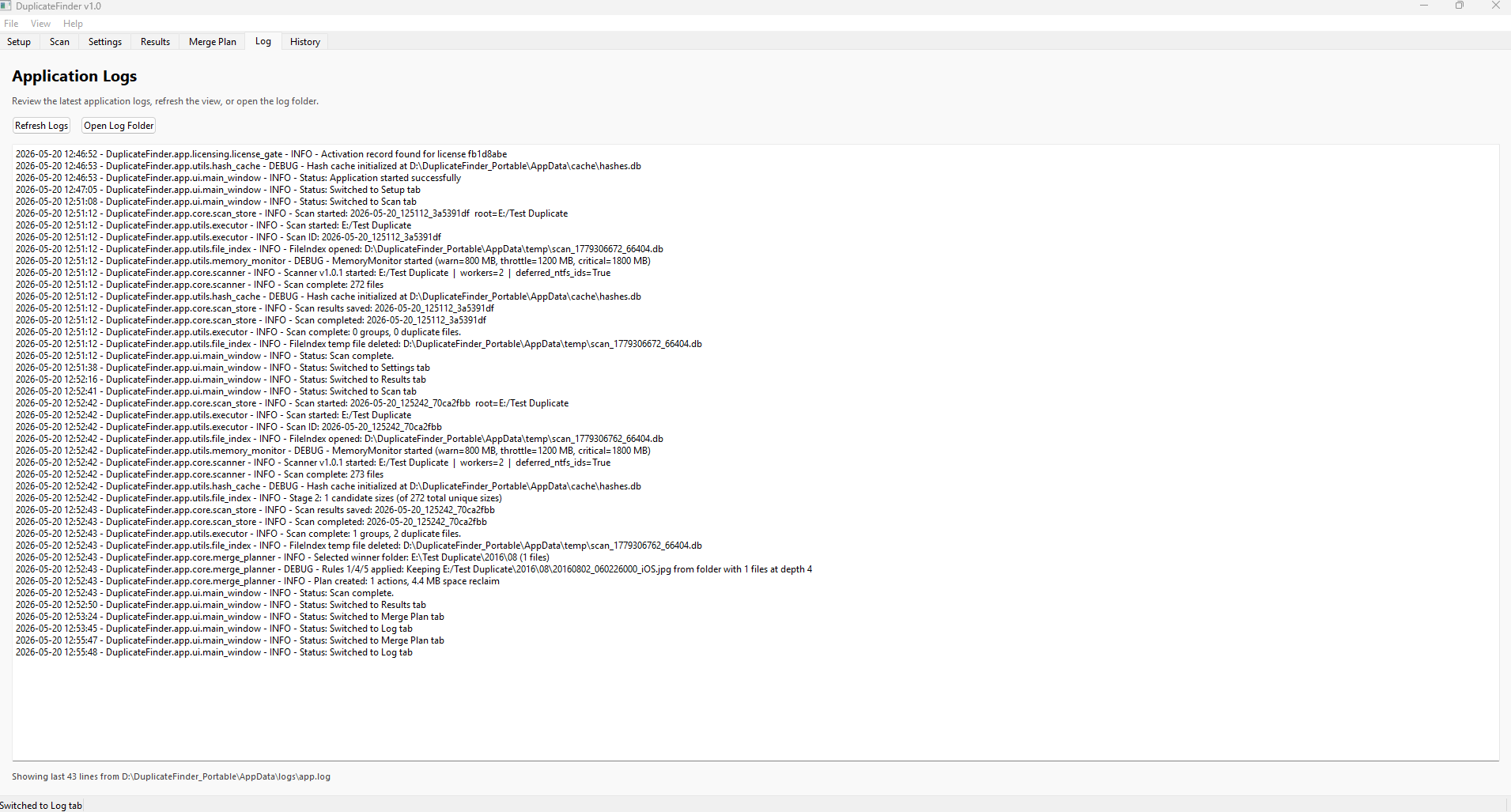 Log viewer panel showing timestamped log entries