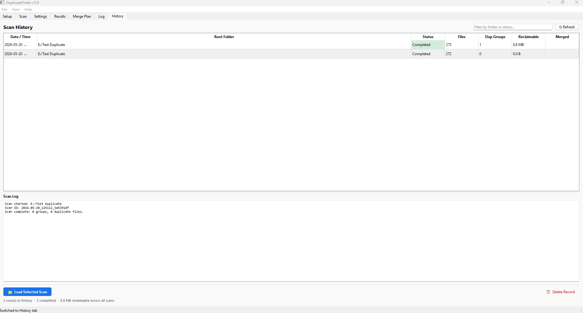 Scan History browser showing past scans with date, folder, status, and reclaimable space
